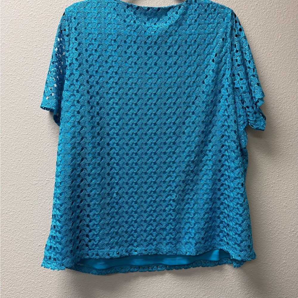 Allison Daley Teal Lace Overlay Blouse XL Short Sleeve Career Top - Picture 5 of 7